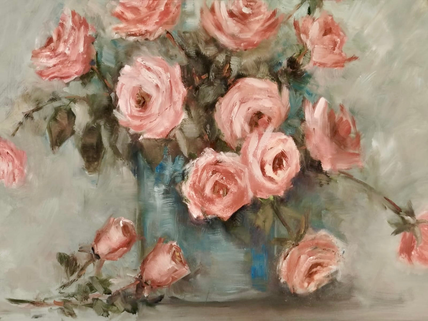 Soft Pink Roses in Blue Vase – Gentle Floral Still Life