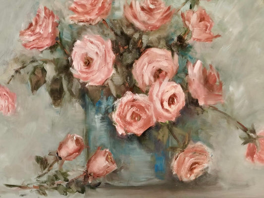 Soft Pink Roses in Blue Vase – Gentle Floral Still Life
