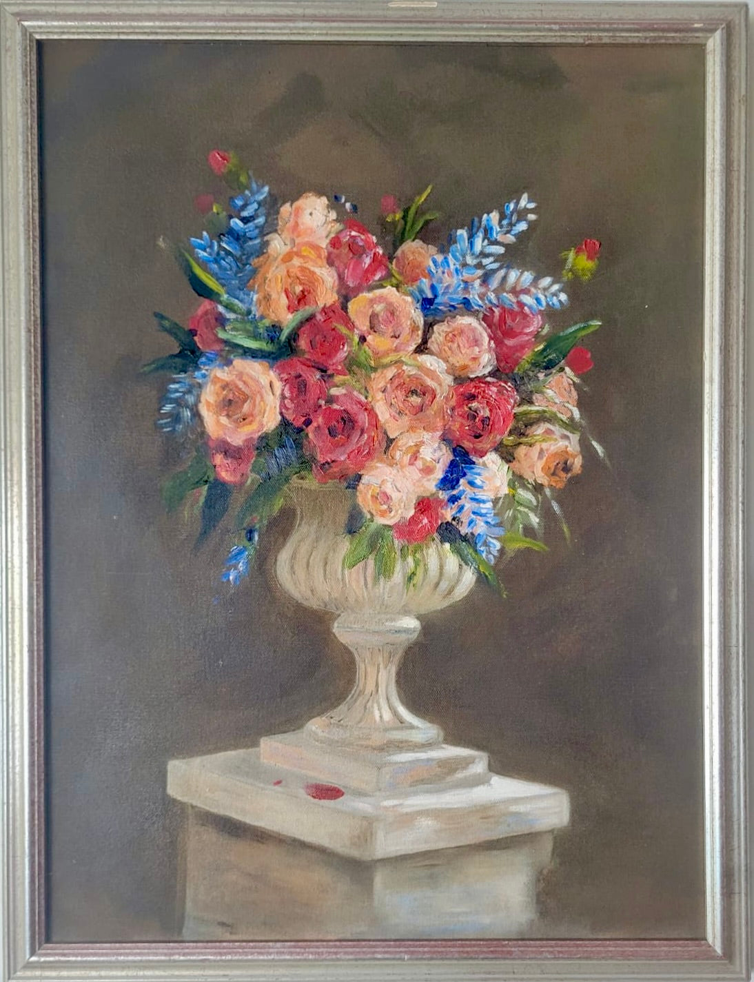 Vibrant Urn Bouquet – Roses & Larkspur Still Life
