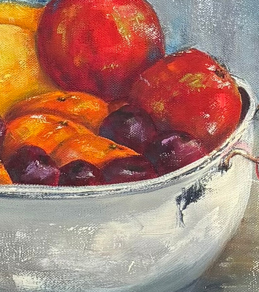 Fruit Bowl on Windowsill - Colourful Still Life Oil Painting by Liz Finlay