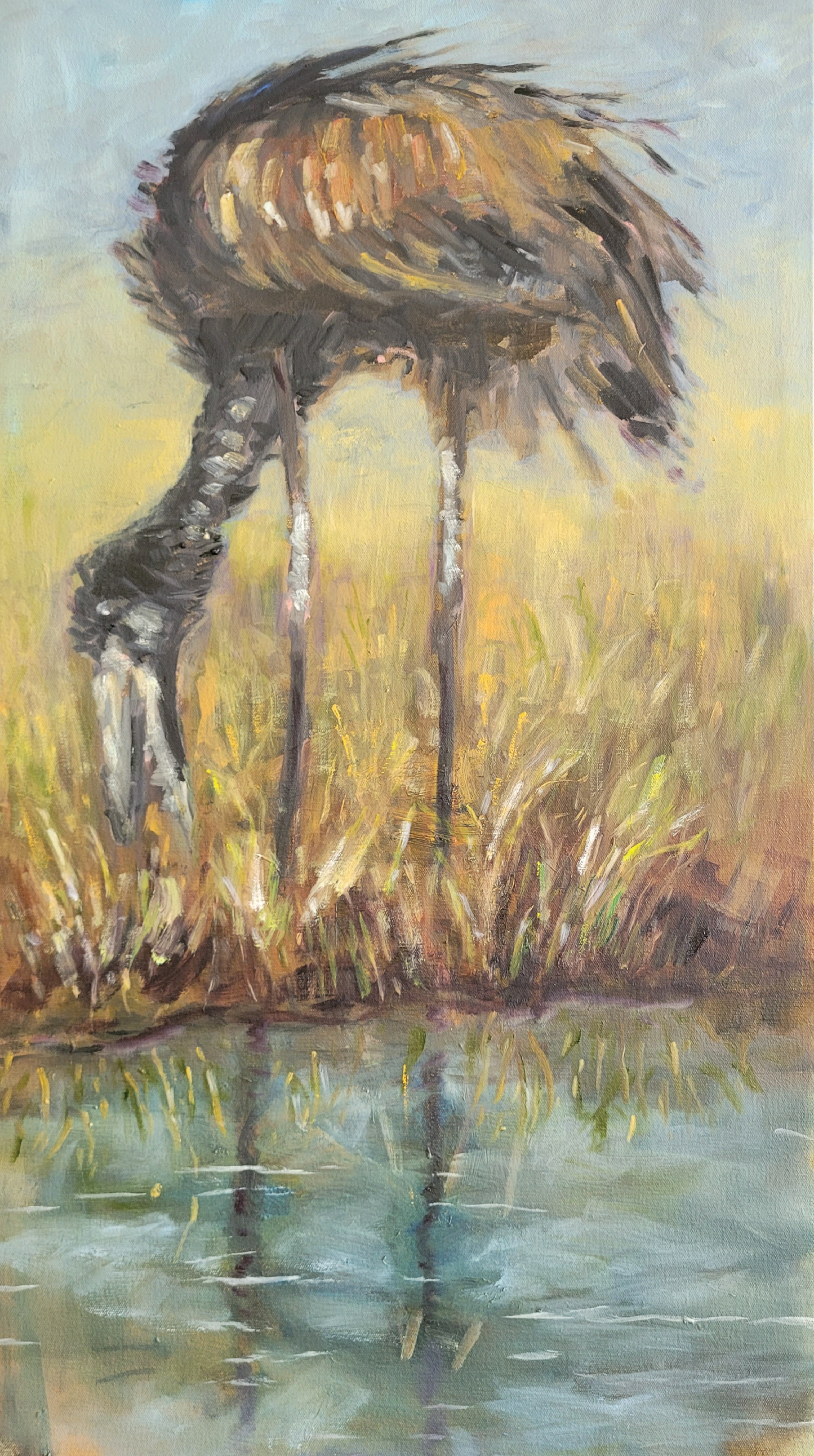 South African artwork original painting – Feathered Find - Khwai. FineArt4All Originals. <p>Perched with purpose and a keen eye, the African Openbill stork discovers a delicious treat along Botswana’s Khwai Ri