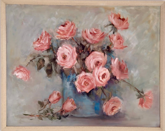 Soft Pink Roses in Blue Vase – Gentle Floral Still Life