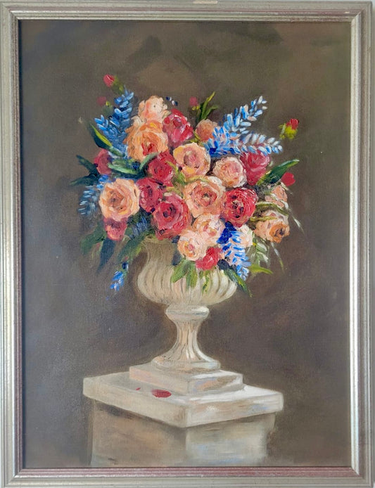 Vibrant Urn Bouquet – Roses & Larkspur Still Life