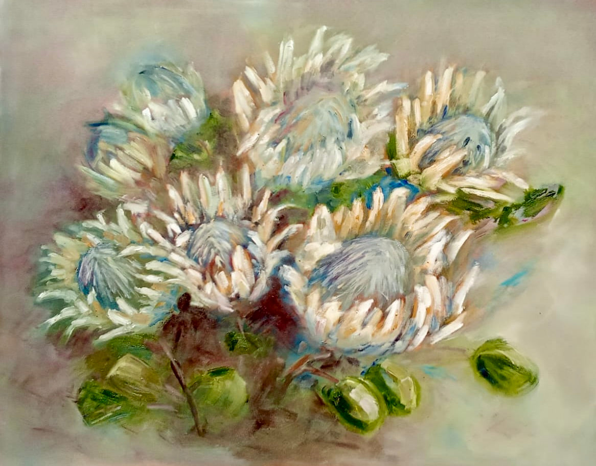 White Proteas - Soft Indigenous Floral Still Life
