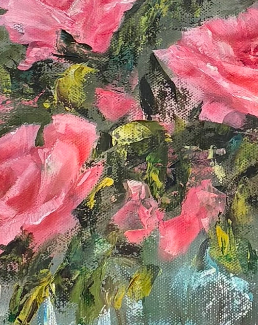 Pink Roses in Vase - Elegant Floral Oil Painting by Liz Finlay