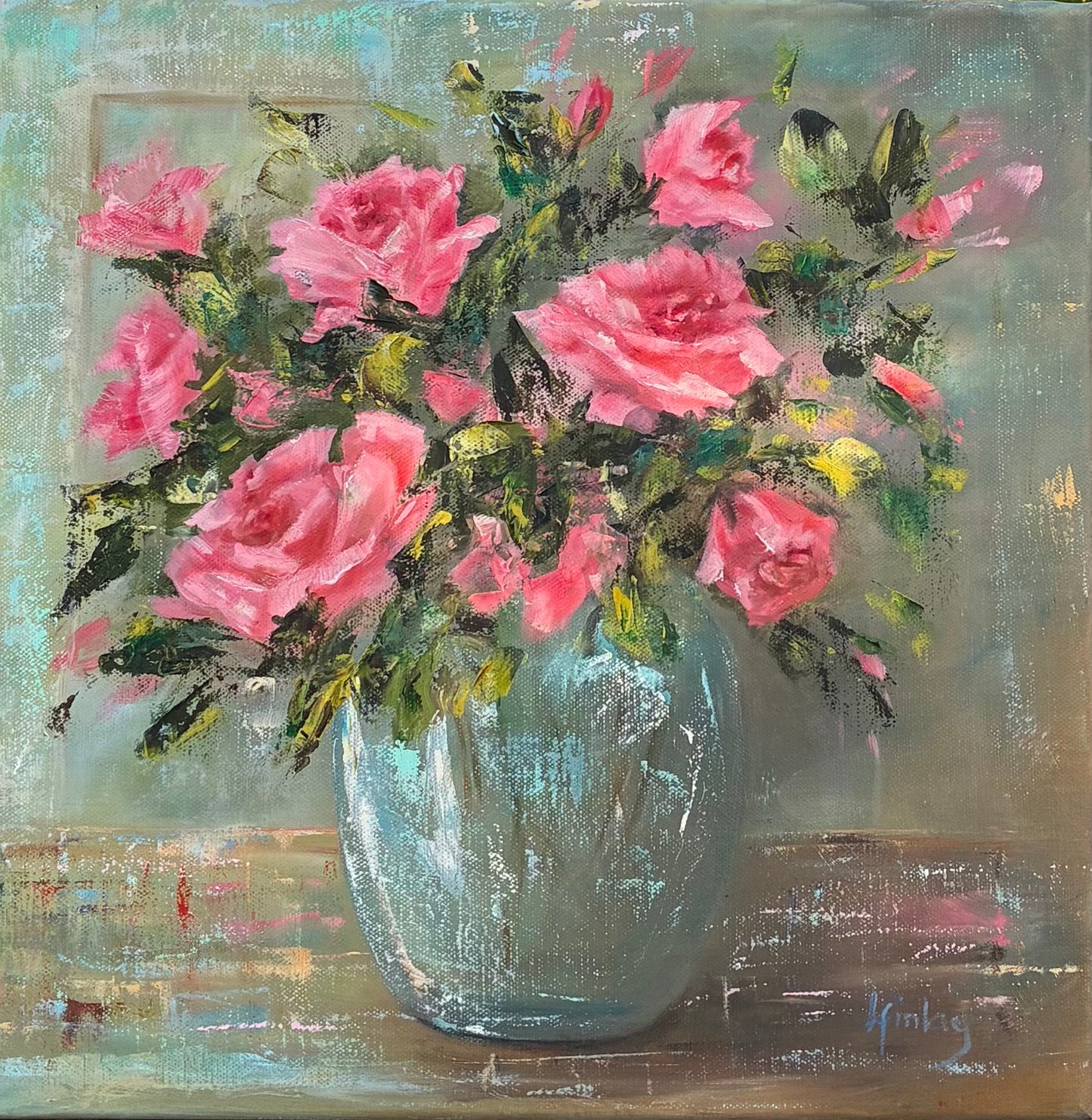 Pink Roses in Vase - Elegant Floral Oil Painting by Liz Finlay