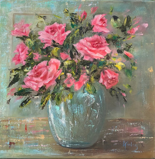 Pink Roses in Vase - Elegant Floral Oil Painting by Liz Finlay