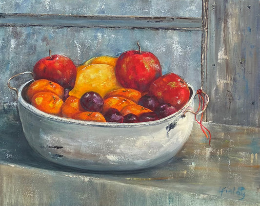 Fruit Bowl on Windowsill - Colourful Still Life Oil Painting by Liz Finlay