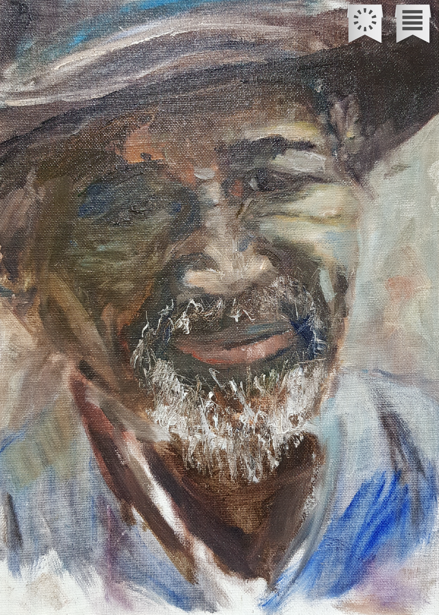 South African artwork original painting – I am old but I am Happy.. FineArt4All Originals. <p data-start="146" data-end="457">With a face etched by time and a smile that radiates conviction, wisdom, and joy, thi